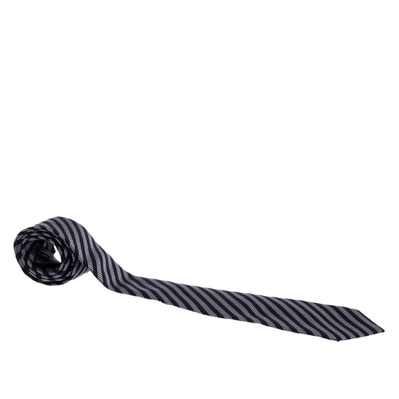 Giorgio Armani Dark Grey Diagonal Striped Silk Jacquard Tie