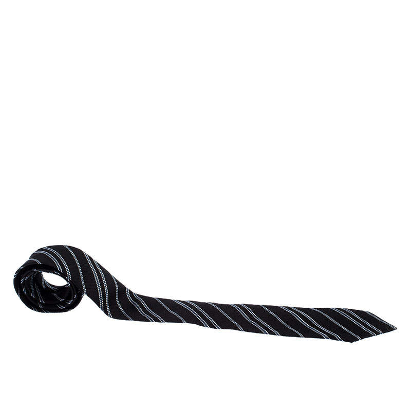 Giorgio Armani Black Diagonal Striped Silk Jacquard Classic Tie