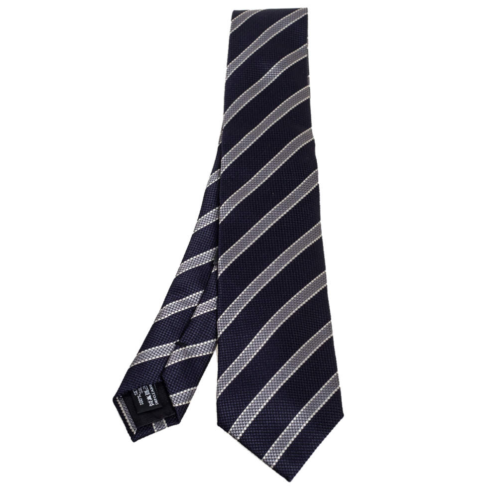 Pre Owned Giorgio Armani Navy Blue Striped Jacquard Silk Tie