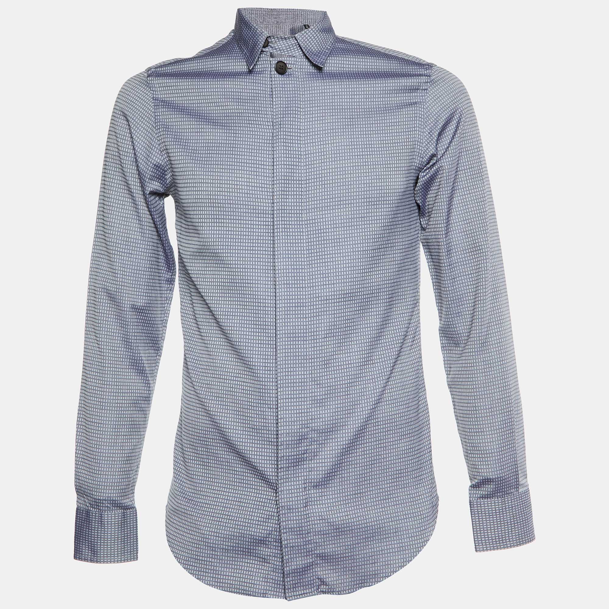 Giorgio Armani Grey Checkered Cotton Buttoned Up Shirt S