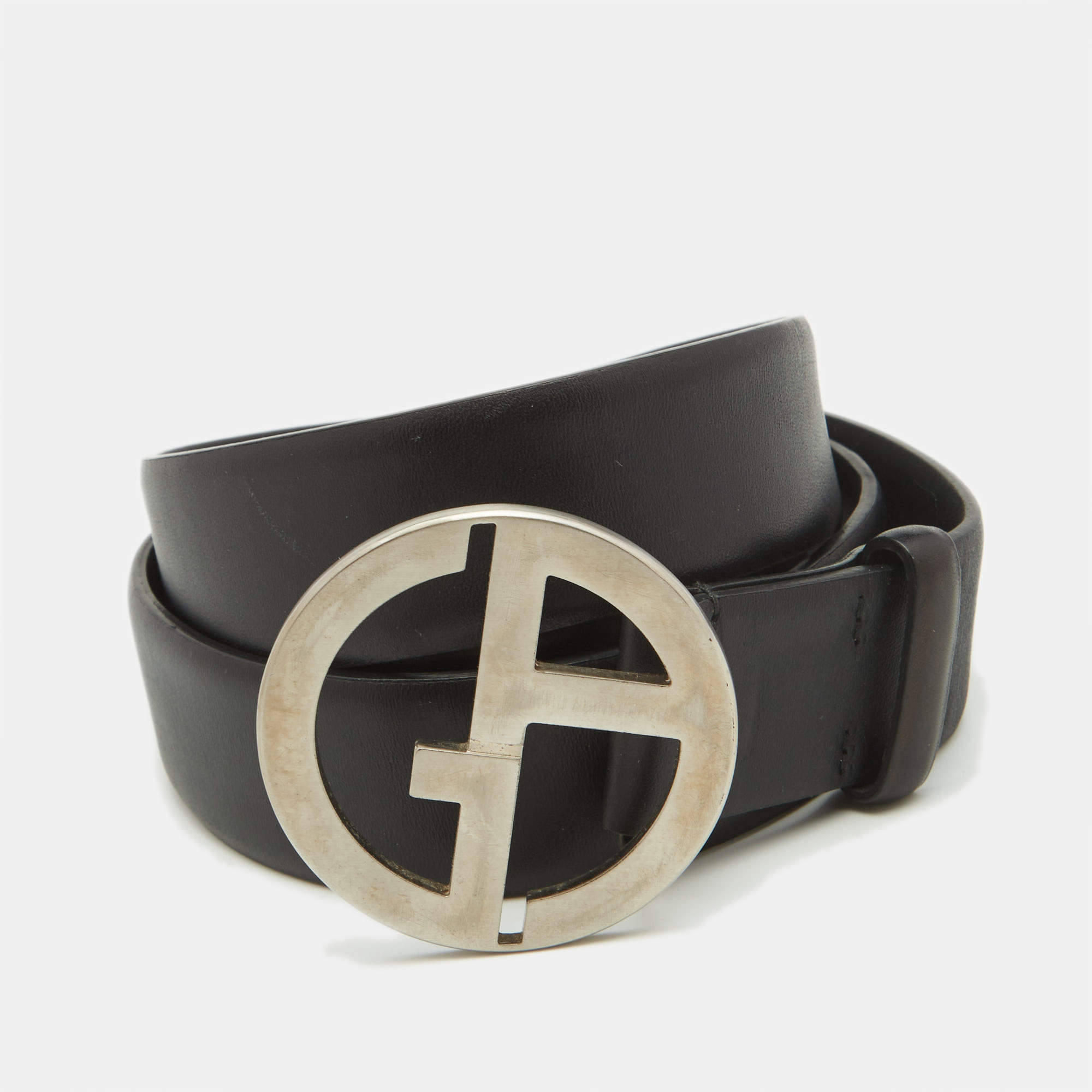 Giorgio Armani Black Leather Logo Buckle Belt 95CM