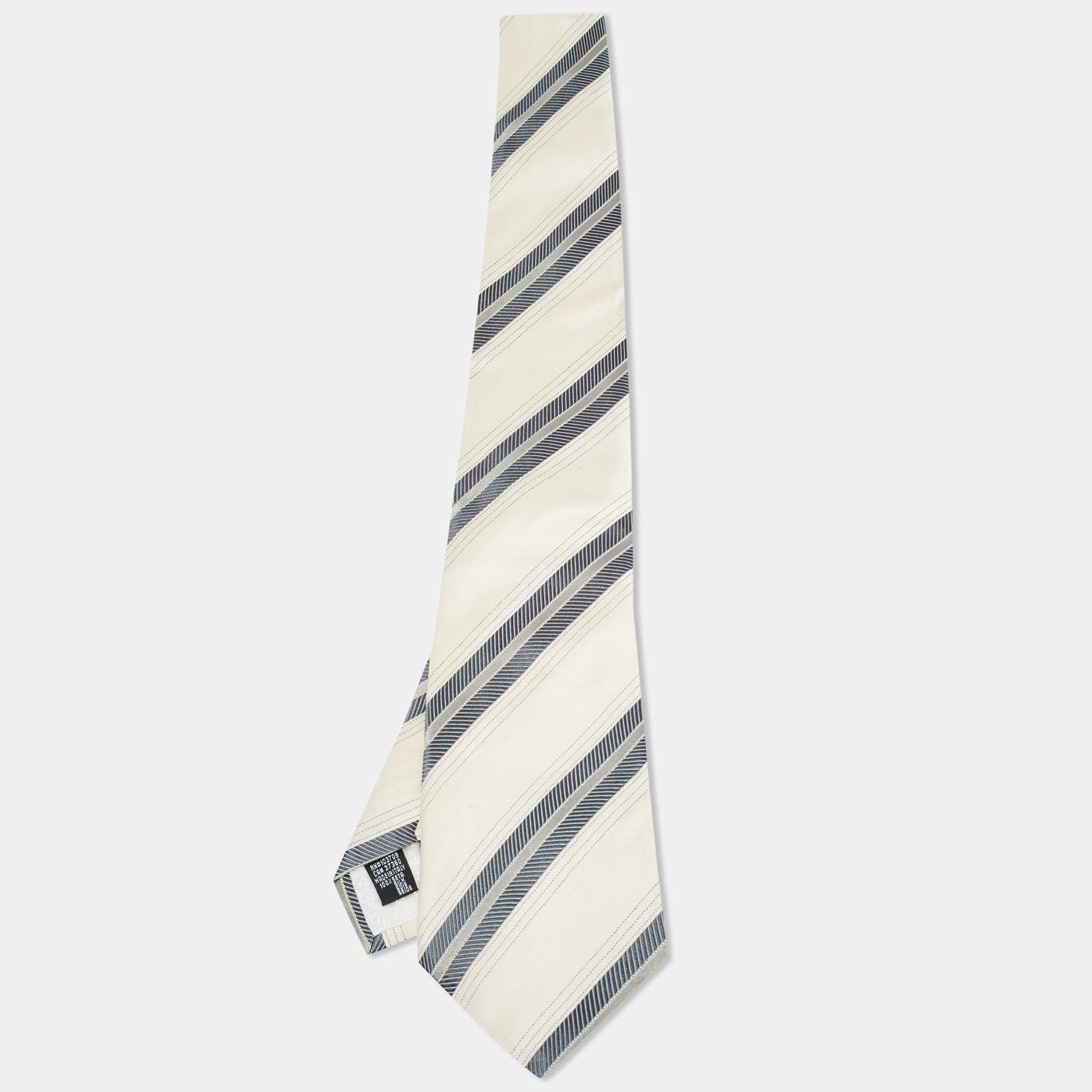 Pre Owned Giorgio Armani Cream Diagonal Striped Silk Tie