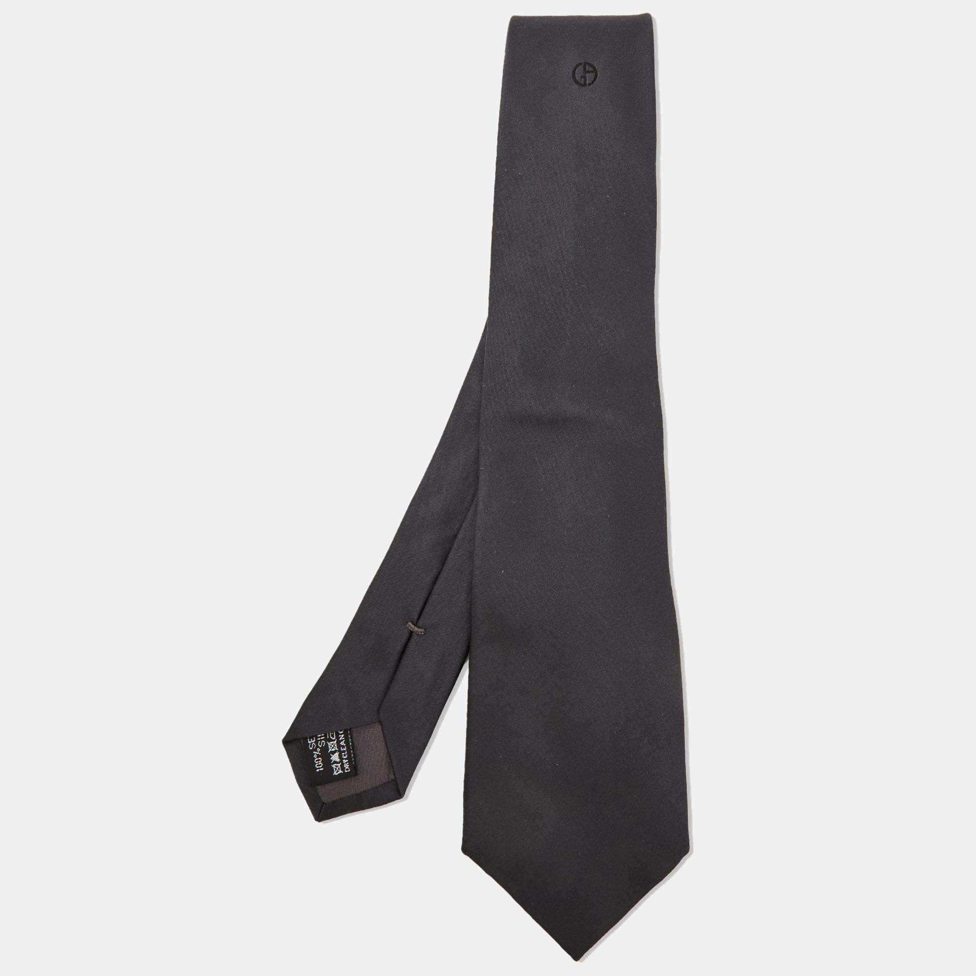 Pre Owned Giorgio Armani Grey Logo Embroidered Silk Classic Tie 