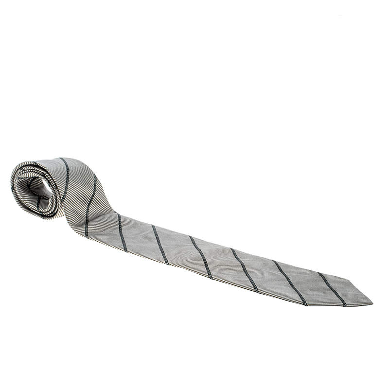 Giorgio Armani Vintage Grey Contrast Diagonal Striped Traditional Tie