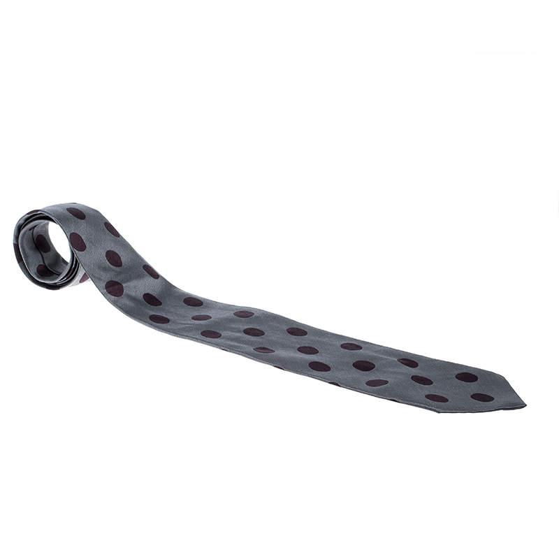 Giorgio Armani Grey and Burgundy Polka Dotted Silk Traditional Tie