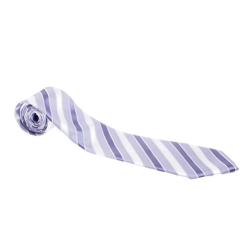 Giorgio Armani Vintage Lilac and White Diagonal Striped Silk Jacquard Tie