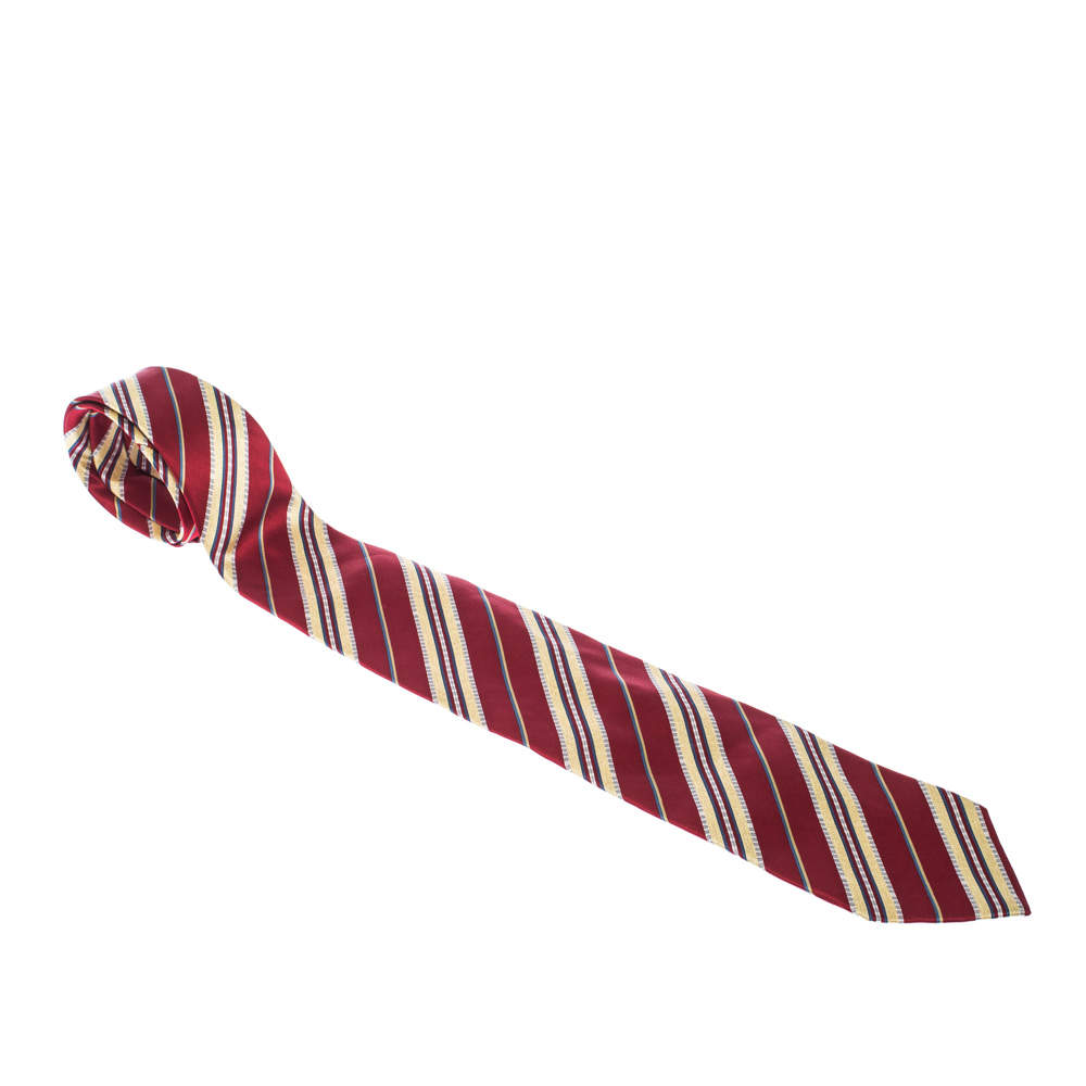 Giorgio Armani Red & Yellow Diagonal Stripes Silk Traditional Tie 