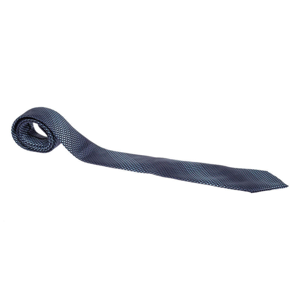 Pre Owned Giorgio Armani Navy Blue Diagonal Dot Patterned Silk Tie