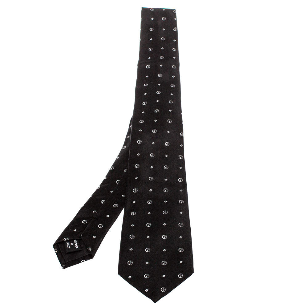 Pre Owned Giorgio Armani Black Logo Jacquard Silk Tie