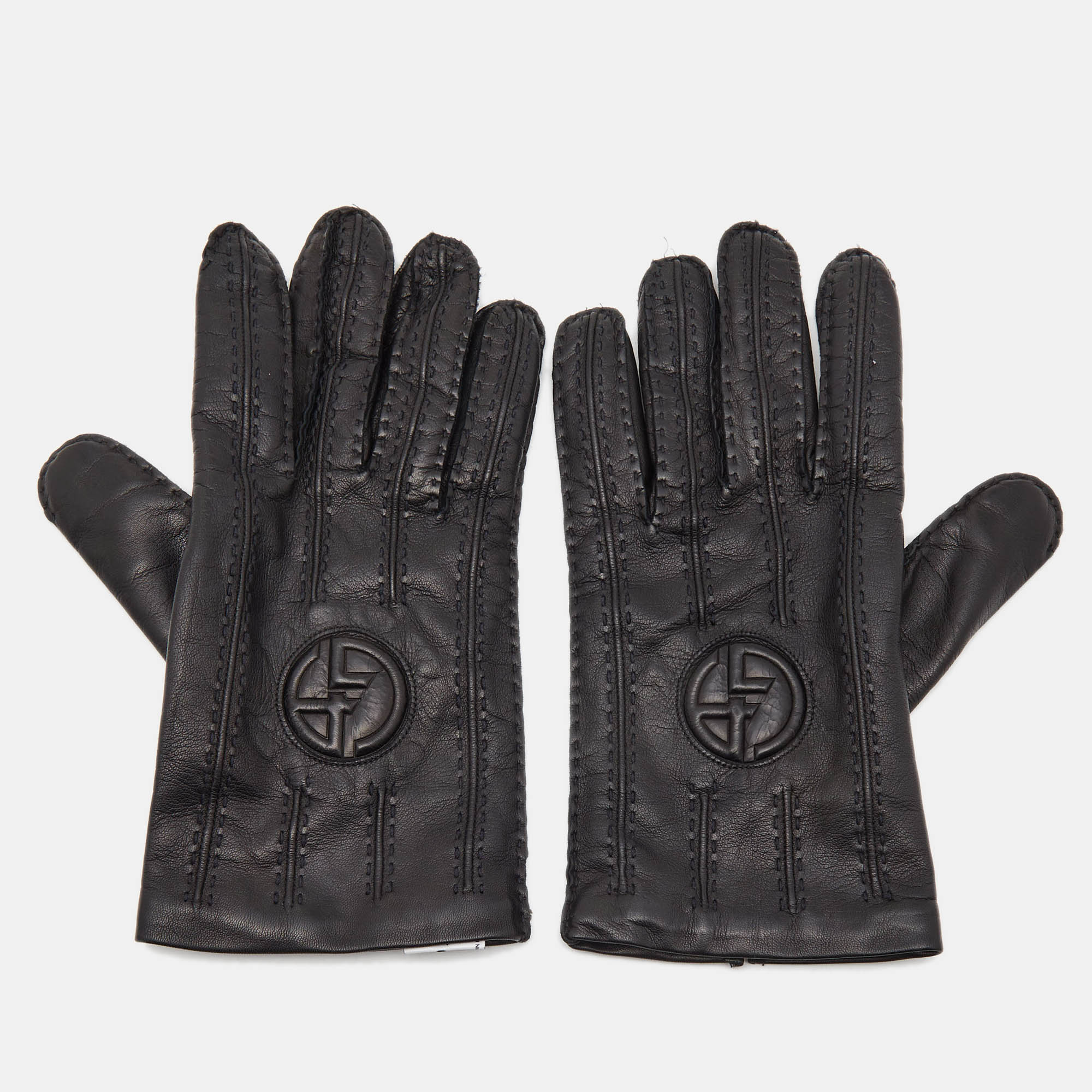 Pre Owned Giorgio Armani Black Leather Stitch Detail Gloves L