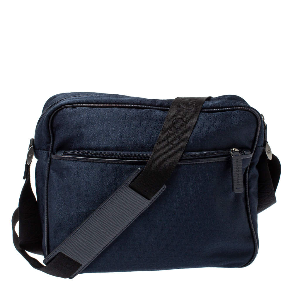 Giorgio Armani Navy Blue Monogram Fabric and Leather Front Zip Pocket Messenger Bag