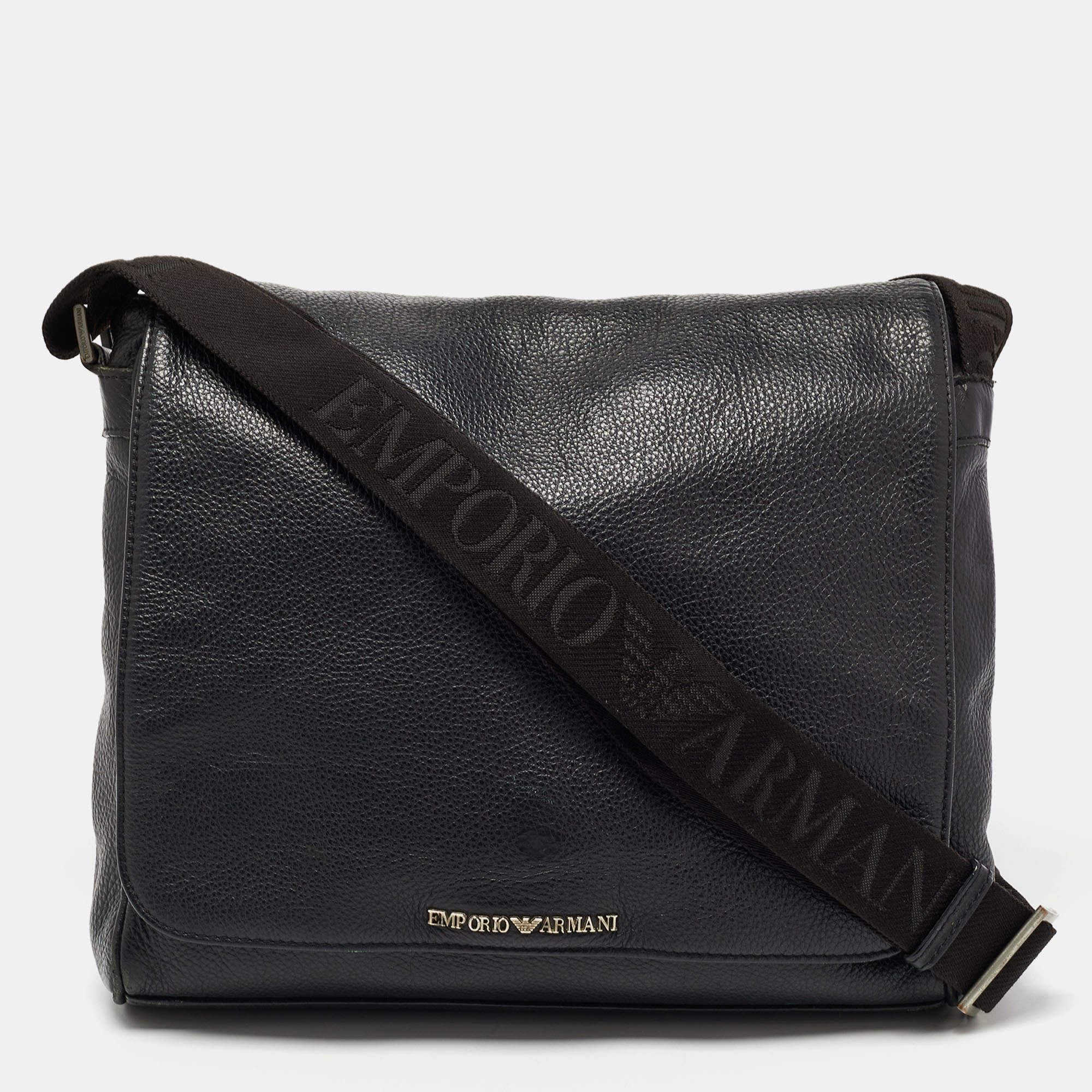 Giorgio Armani Black Leather Logo Flap Messenger Bag Giorgio