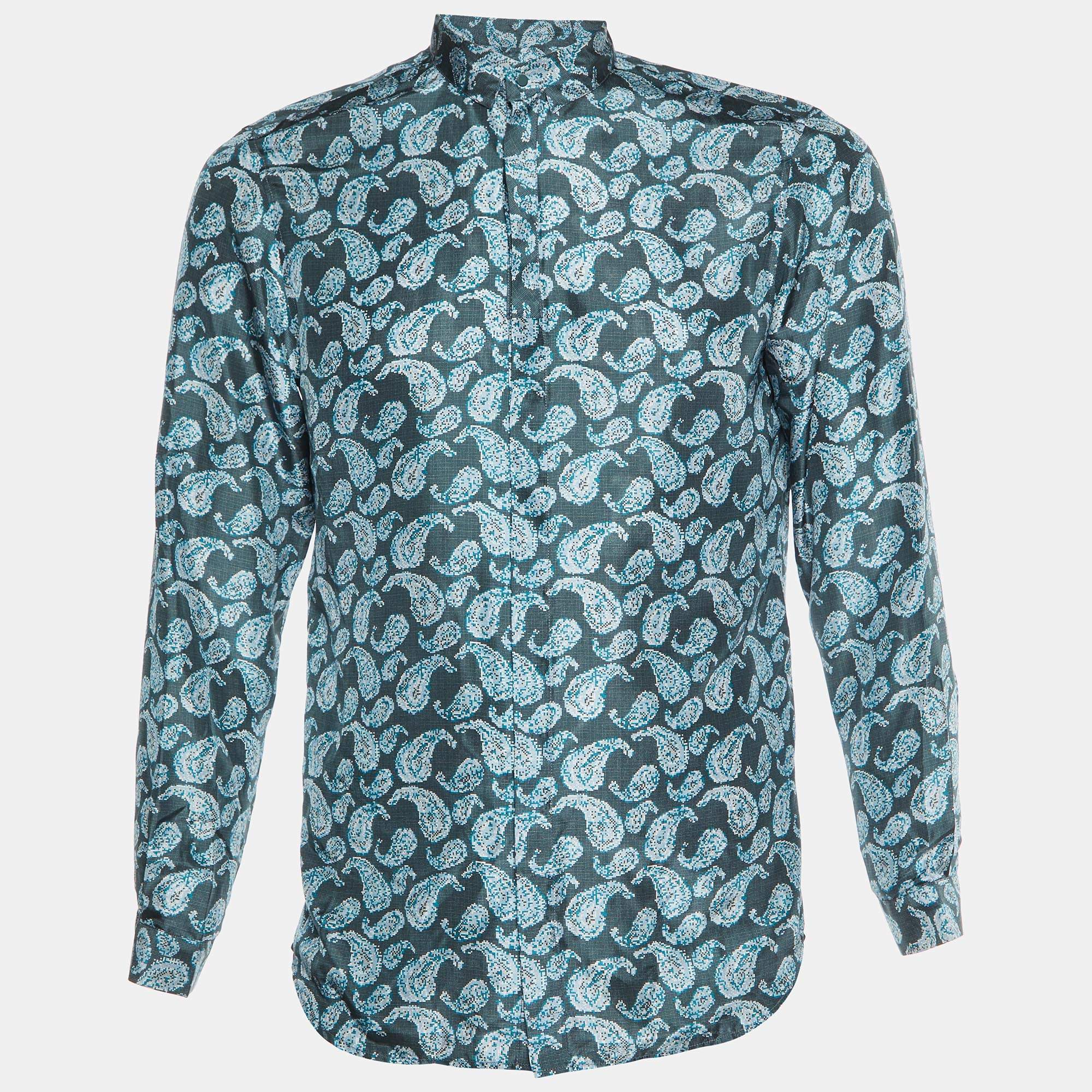 Giorgio Armani Green Paisley Print Silk Buttoned Up Shirt M