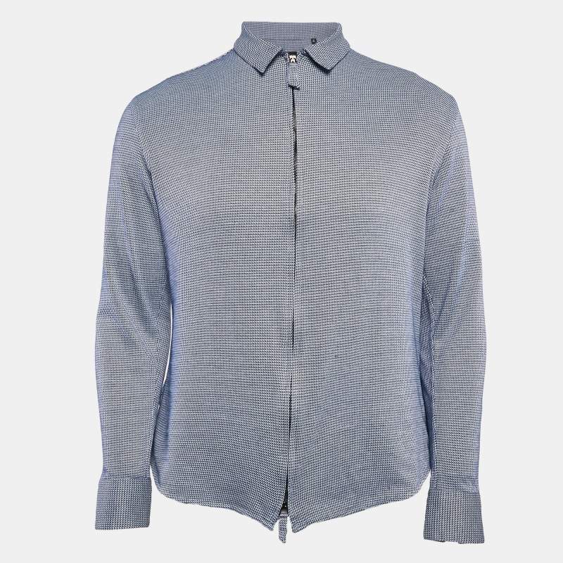 Giorgio Armani Blue Patterned Cotton Blend Knit Zip-Up Shirt M