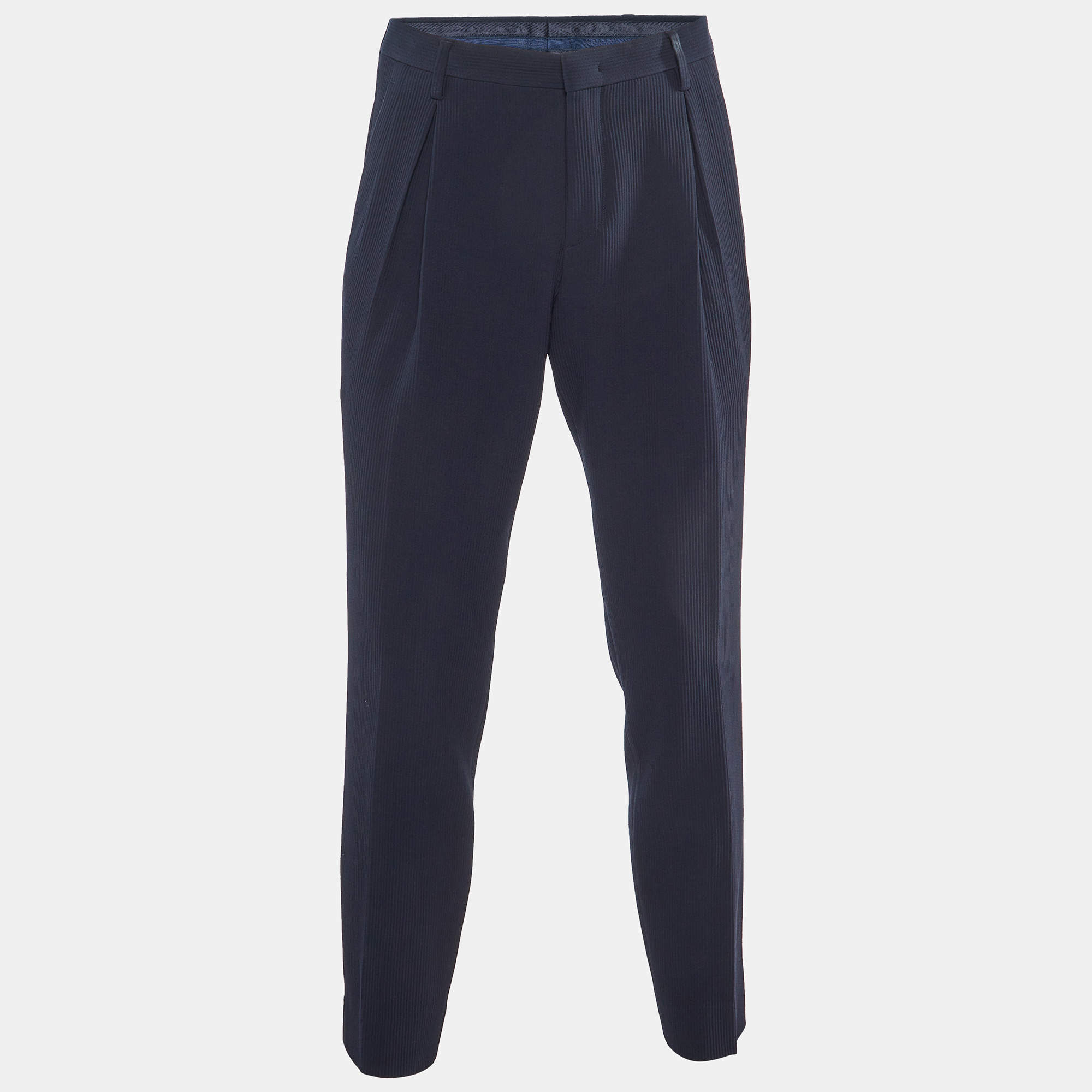 Giorgio Armani Navy Blue Ribbed Wool Pleated Pants M