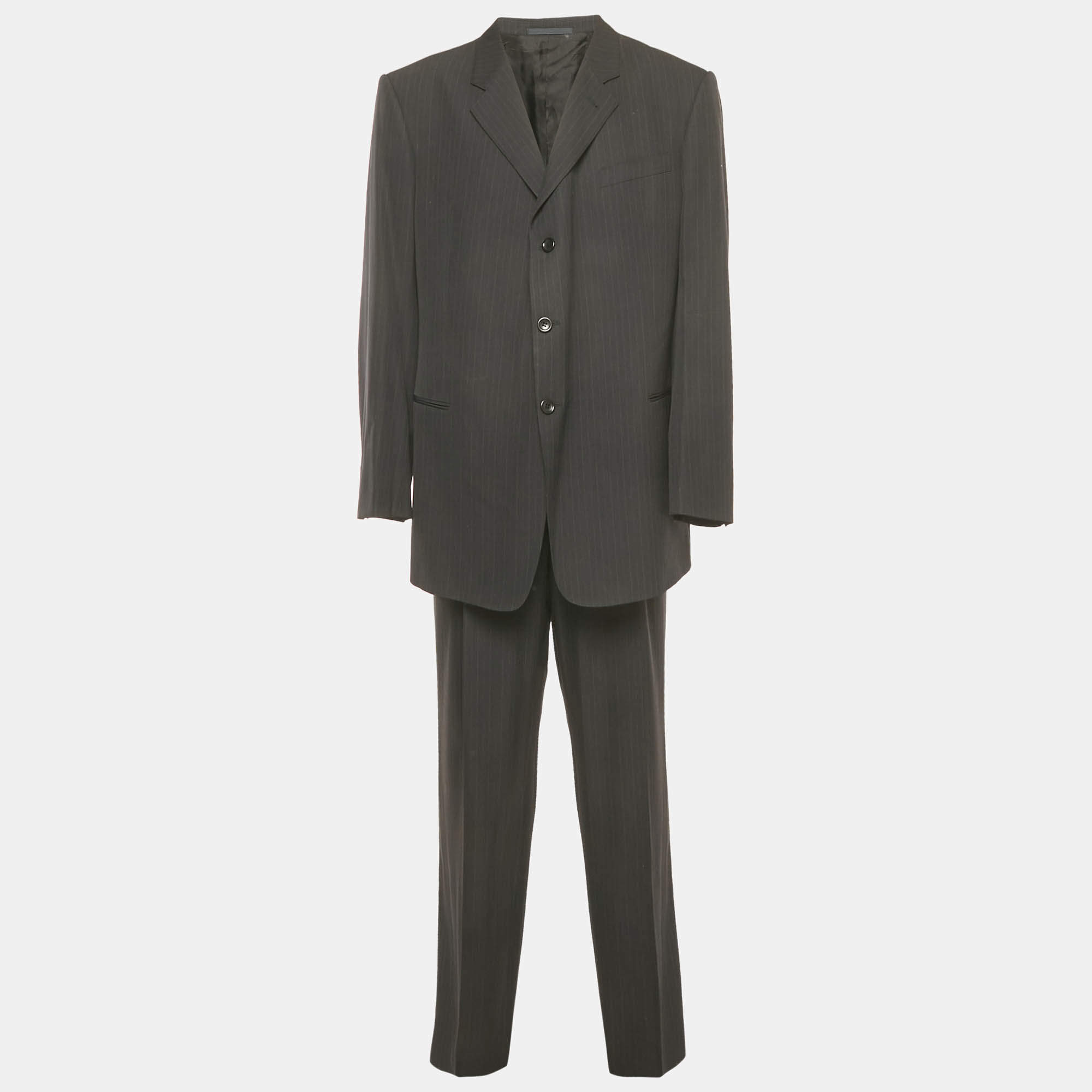 Pre Owned Giorgio Armani Black Pinstripe Wool Blend Regular Fit Suit 5XL