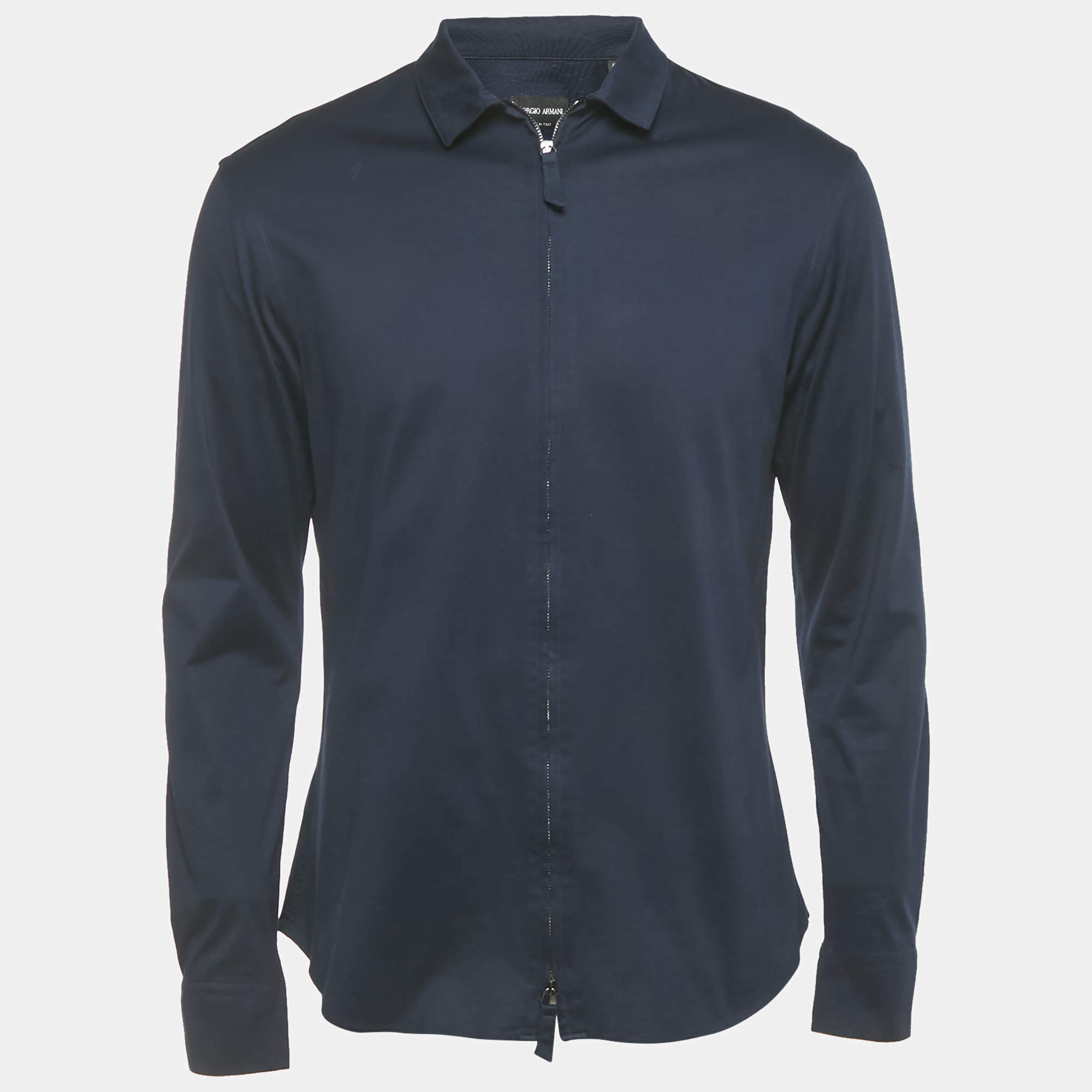 Pre Owned Giorgio Armani Navy Blue Cotton Zip-Up Shirt M