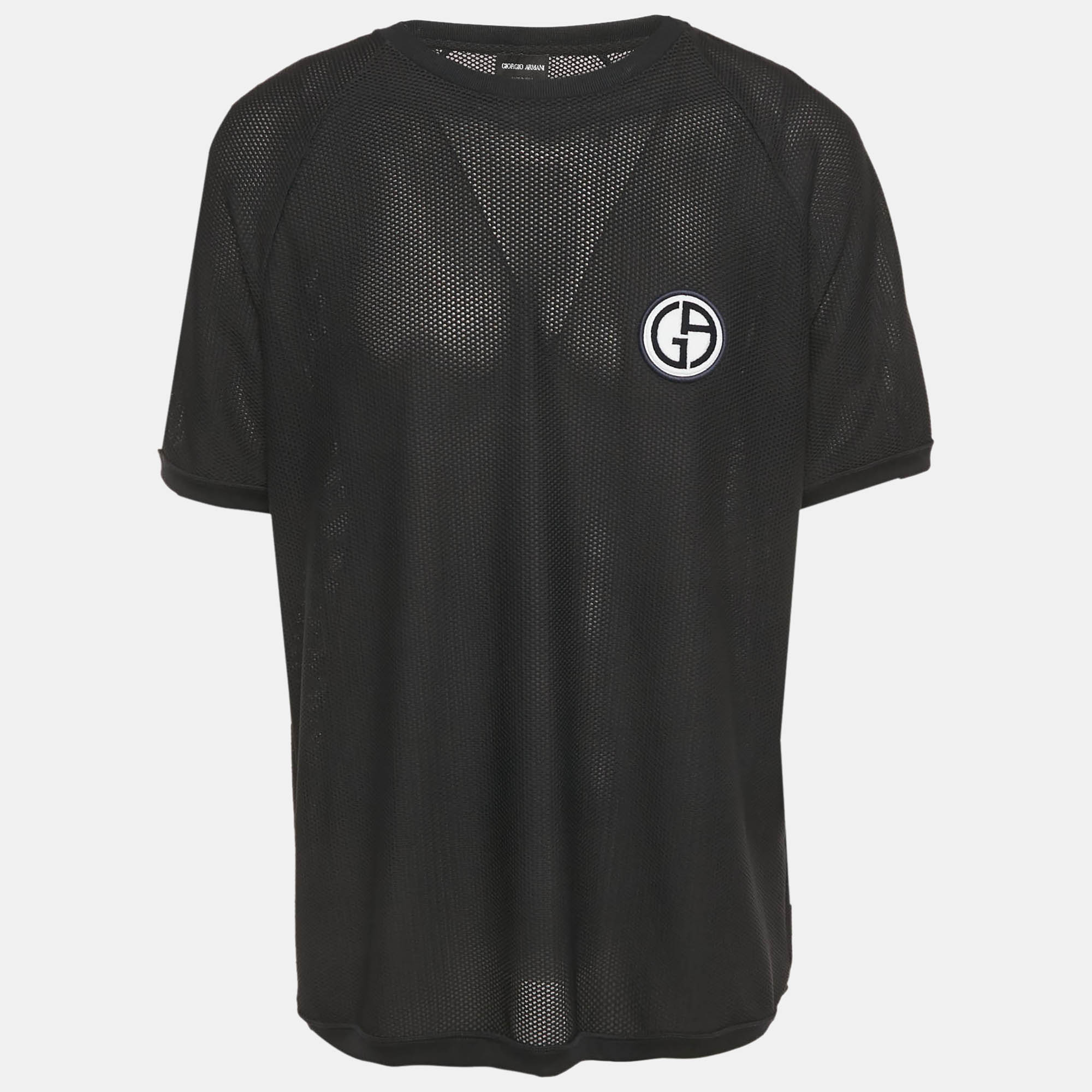 Pre Owned Giorgio Armani Black Mesh Logo Patch Detail Crew Neck T-Shirt XXXL