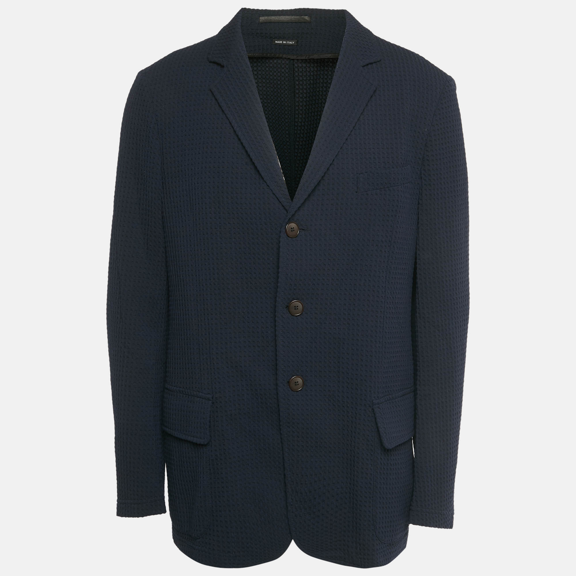 Pre Owned Giorgio Armani Navy Blue Patterned Crepe Single Breasted Blazer XXXL