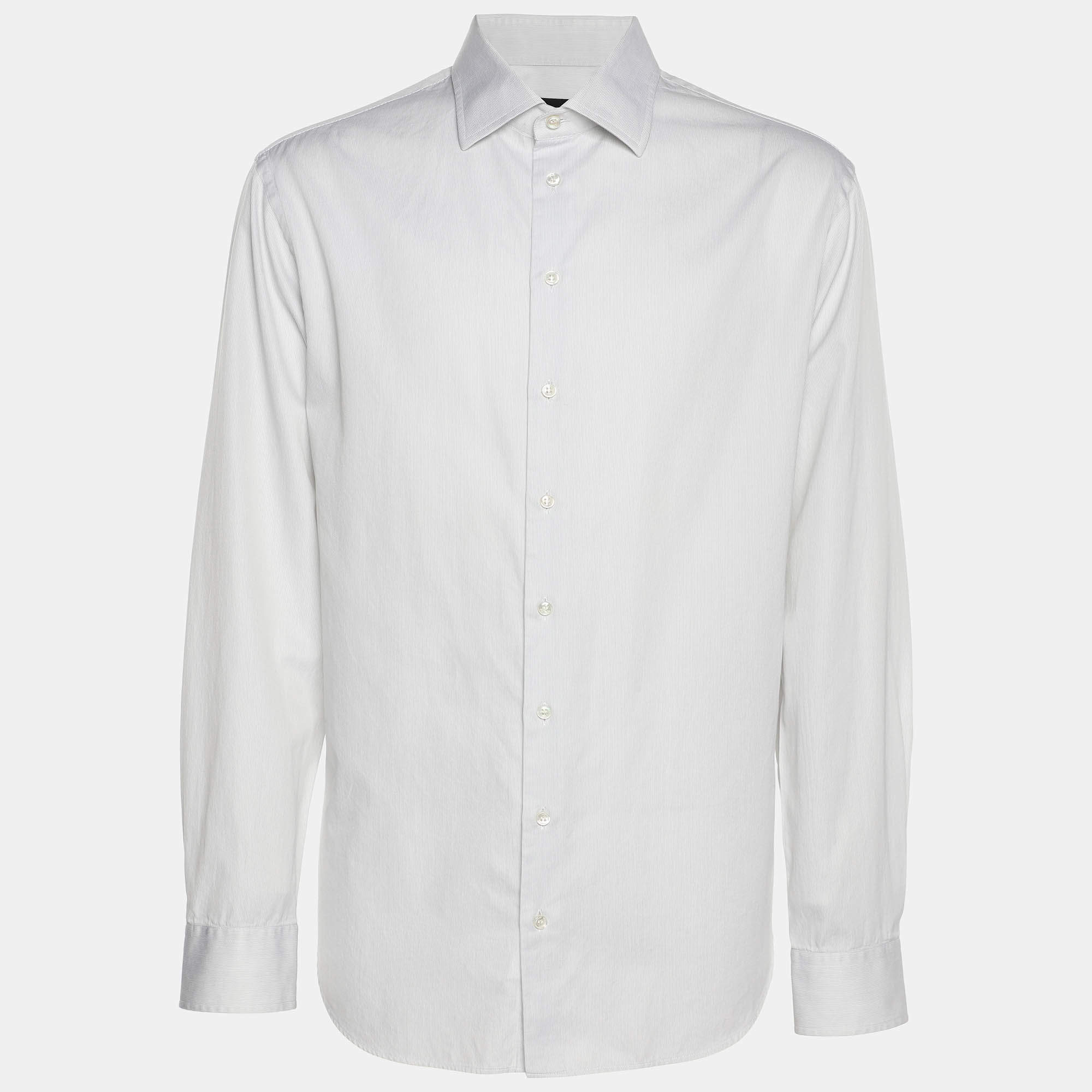 مملوكة مسبقًا قميص جورجيو أرماني قطن رمادي بأكمام طويلة مقاس كبير جدًا