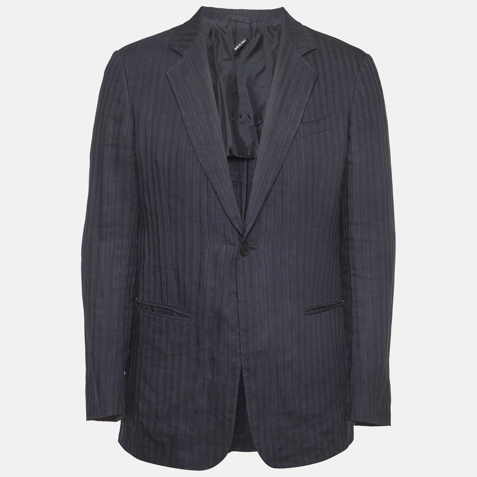 Pre Owned Giorgio Armani Navy Blue Stripe Linen Blend Single Breasted Blazer L