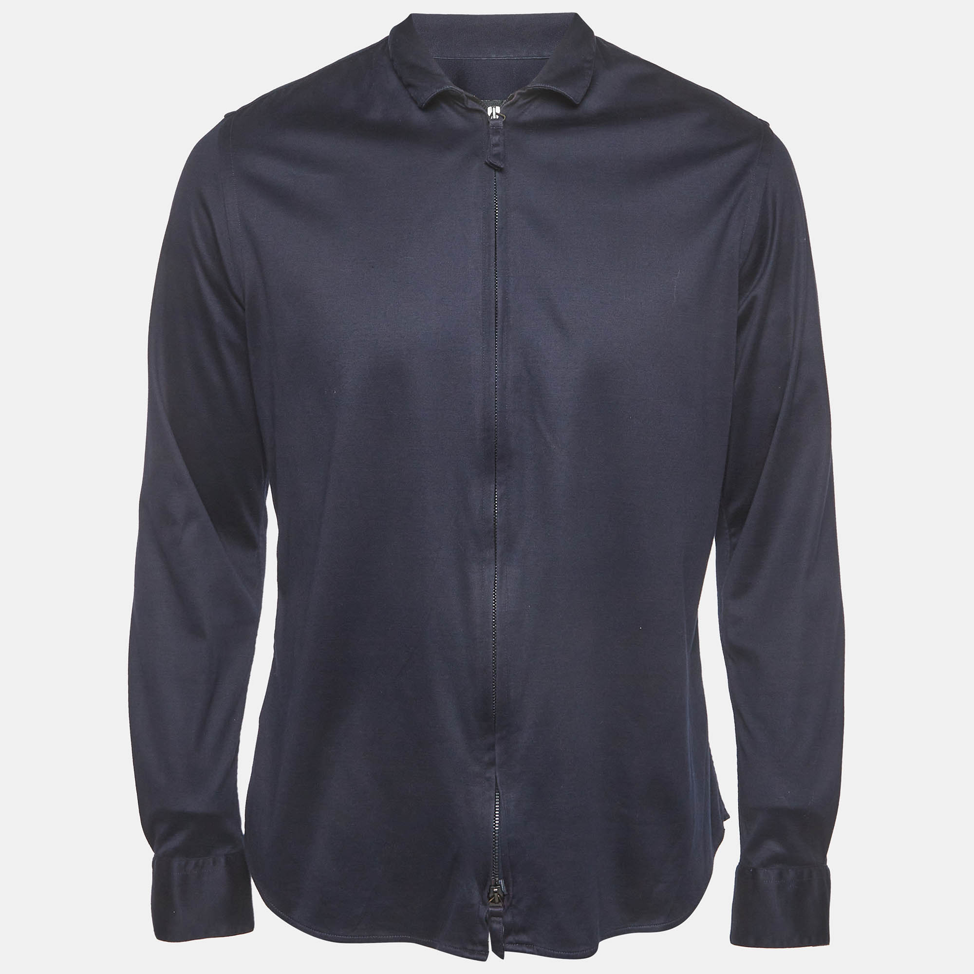 Pre Owned Giorgio Armani Navy Blue Cotton Jersey Zip-Up Shirt L