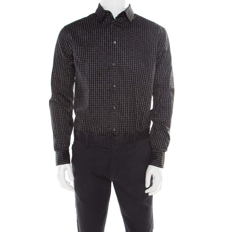 Giorgio Armani Black Misplaced Square Printed Cotton Button Front Shirt L