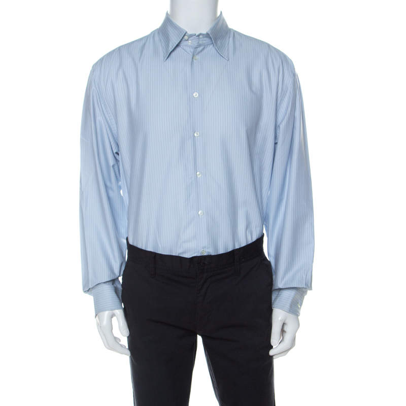 قميص جورجيو أرماني مقلم أزرار أمامية قطن أزرق باهت XXL