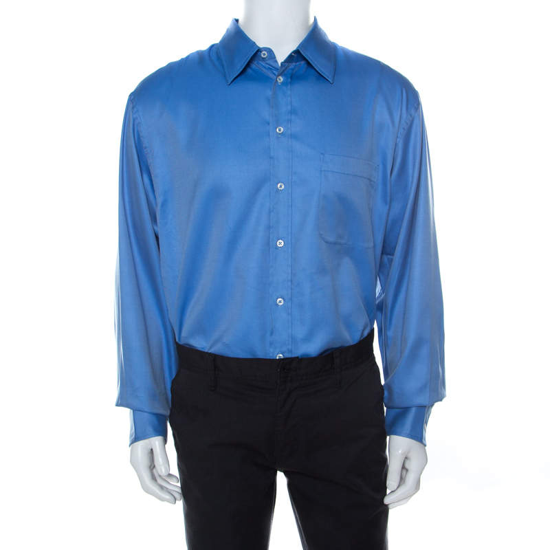 قميص جورجيو أرماني كلاسيكو مقلم متعرج أكمام طويلة قطن أزرق 3XL