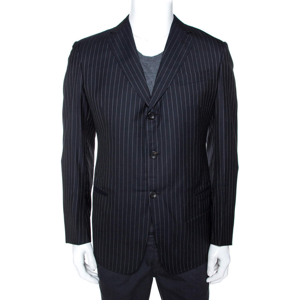Giorgio Armani Dark Blue Pinstripe Wool Three Buttoned Blazer L