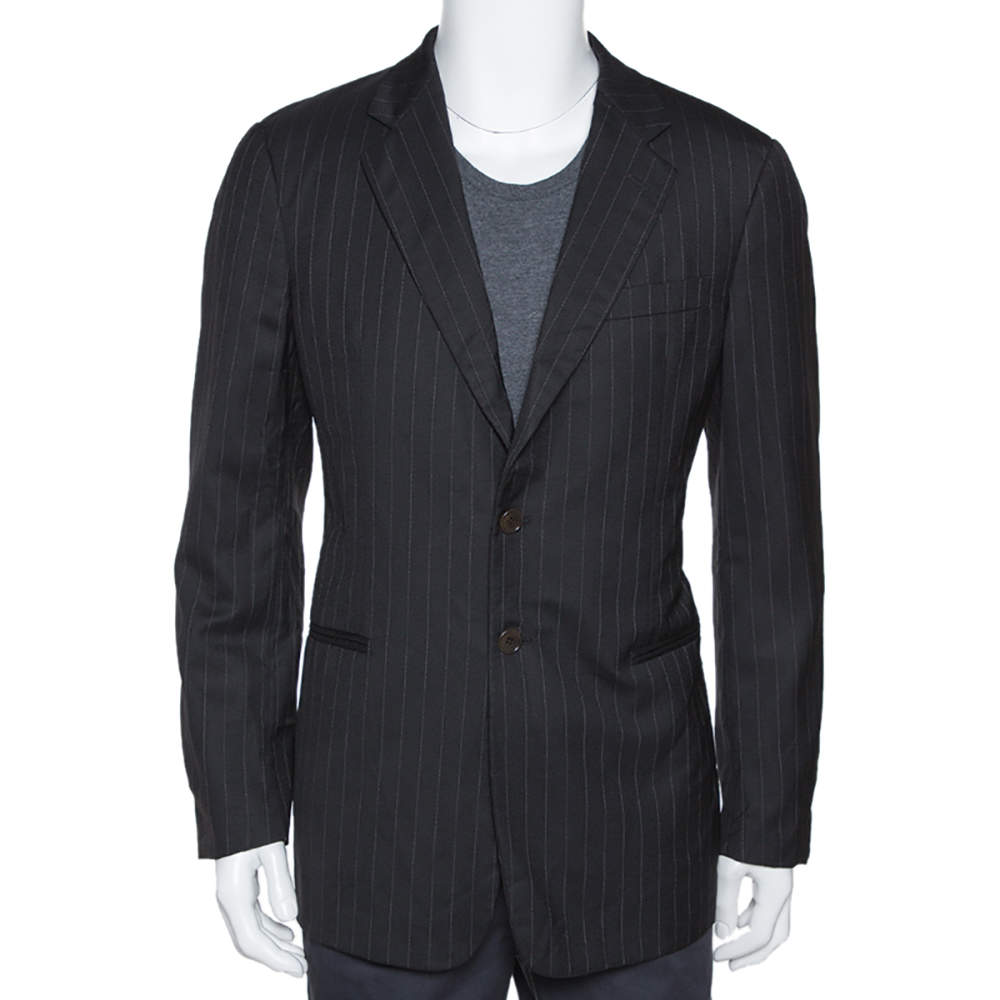 Pre Owned Giorgio Armani Black Pinstripe Wool Two Buttoned Blazer L