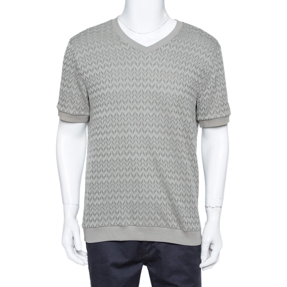 Giorgio Armani Grey Chevron Knit Short Sleeve Sweater 2XL