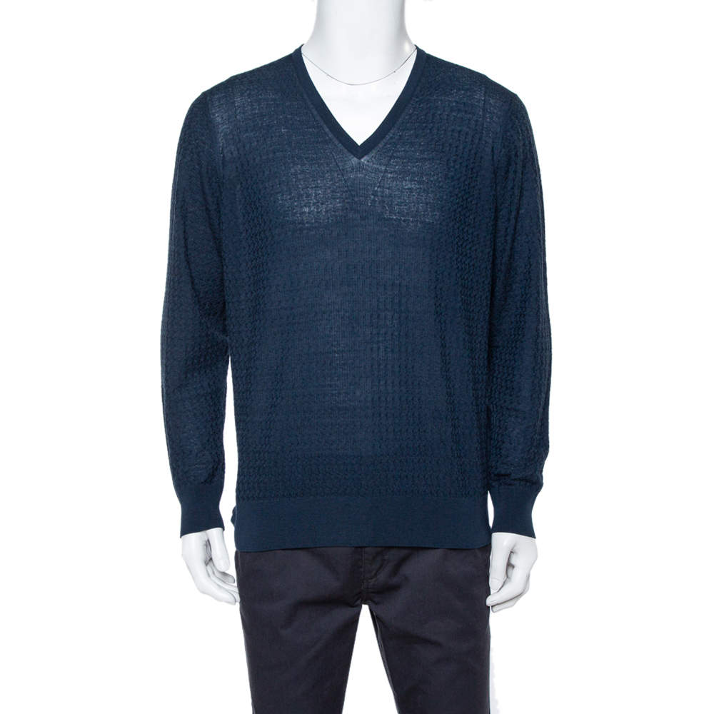 Giorgio Armani Navy Blue Jaquard Knit V-Neck Sweater XXL