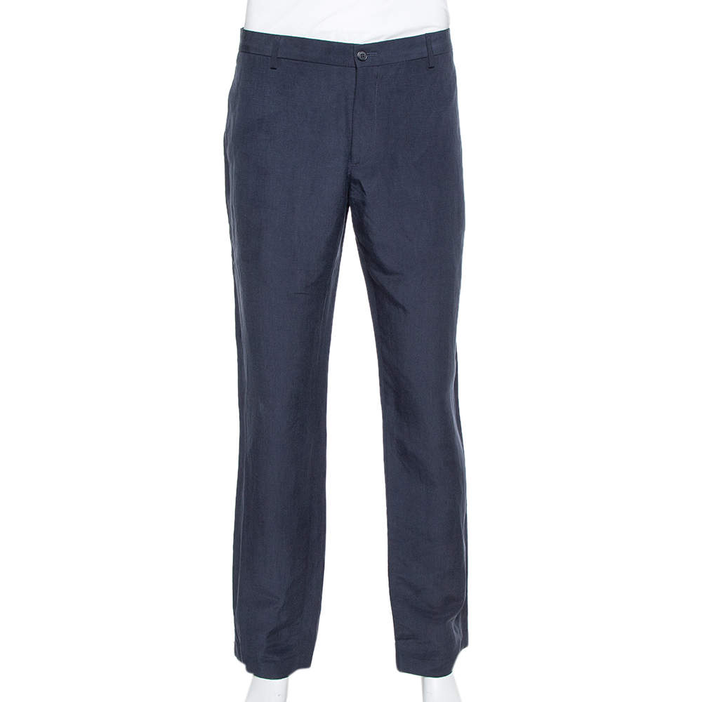 Giorgio Armani Navy Blue Flax & Silk Classic Trousers 4XL