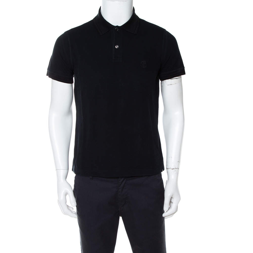 Pre Owned Giorgio Armani Black Cotton Pique Striped Polo T-Shirt L