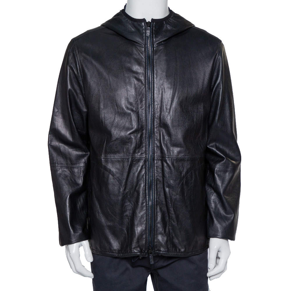 Giorgio Armani Black Leather Hooded Zip Front Jacket XXL