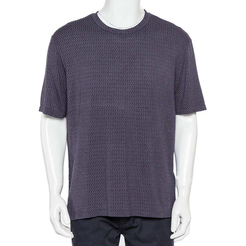 Pre Owned Giorgio Armani Navy Blue Patterned Knit Crewneck T-Shirt XXL