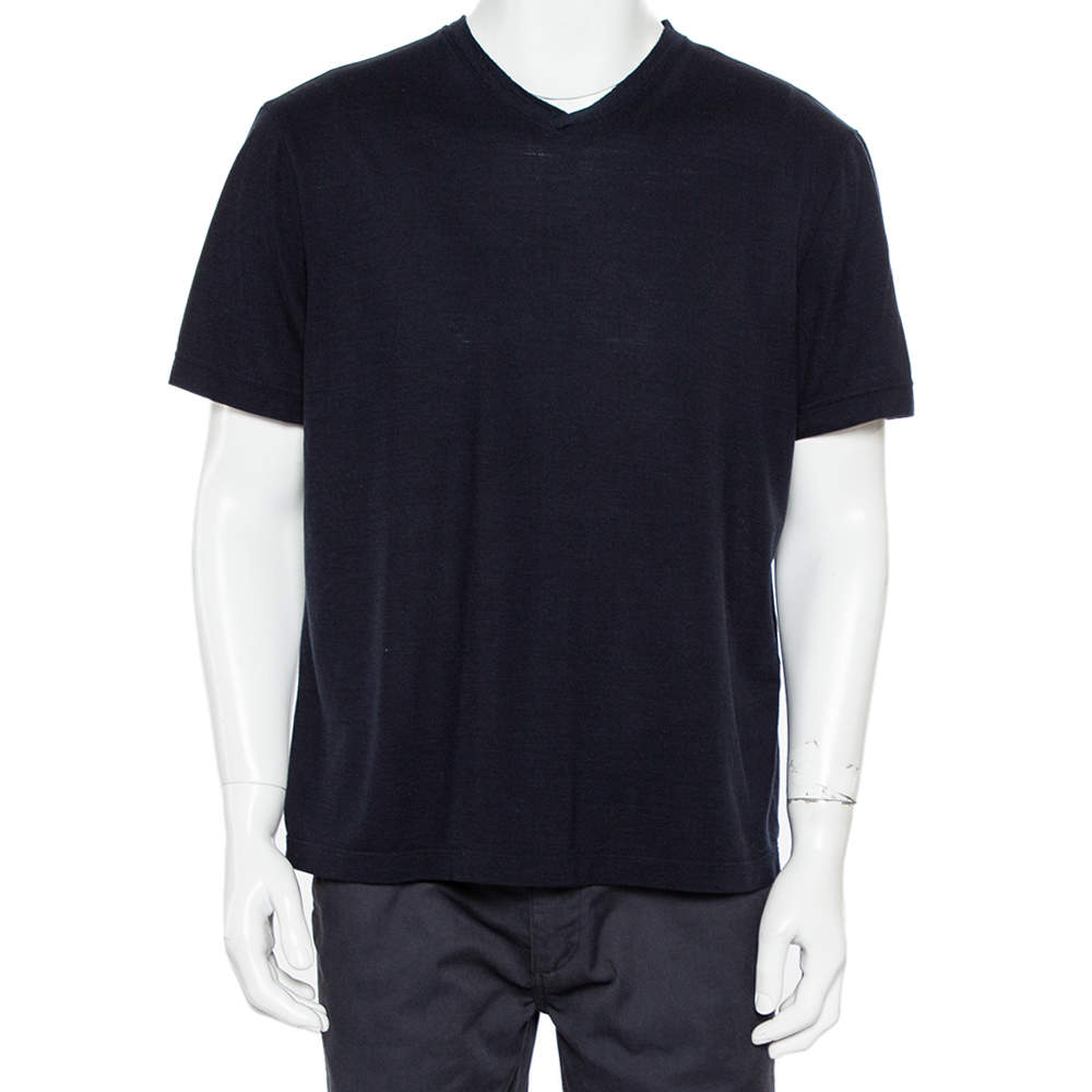 Pre Owned Giorgio Armani Midnight Blue Knit V-Neck T-Shirt 4XL
