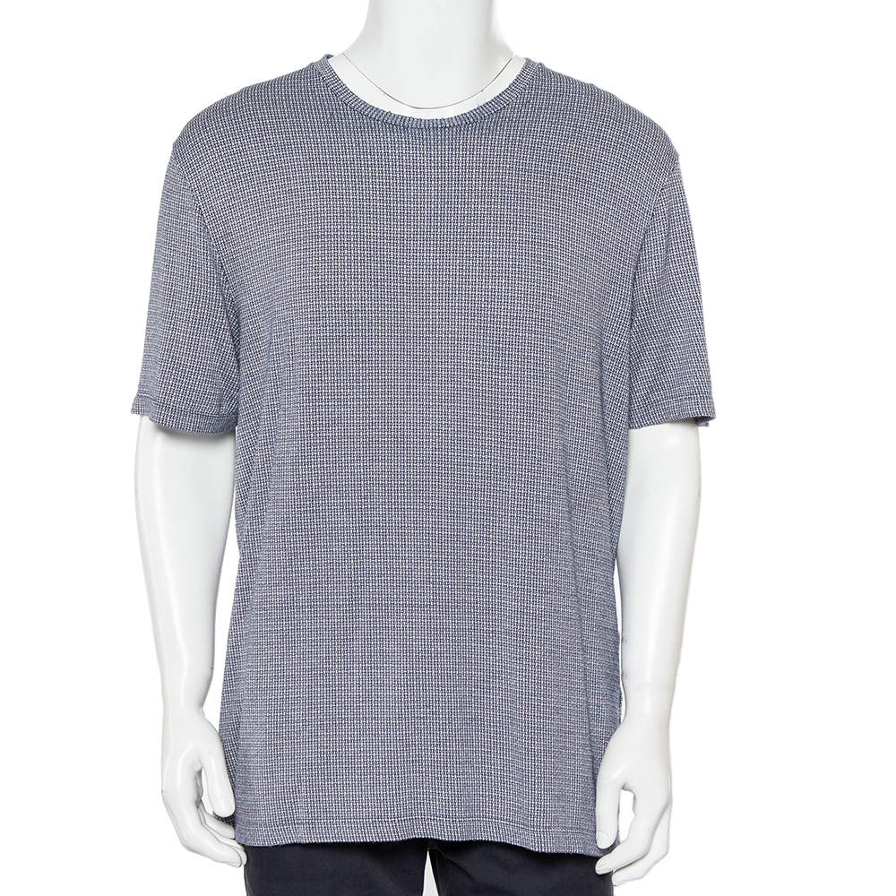 Pre Owned Giorgio Armani Navy Blue Patterned Knit Crewneck T-Shirt 4XL