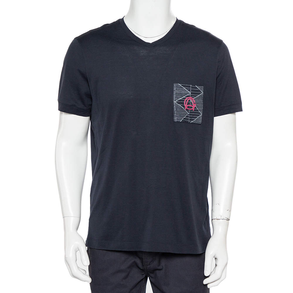 Pre Owned Giorgio Armani Navy Blue Patch Pocket Detail V-Neck T-Shirt 3XL