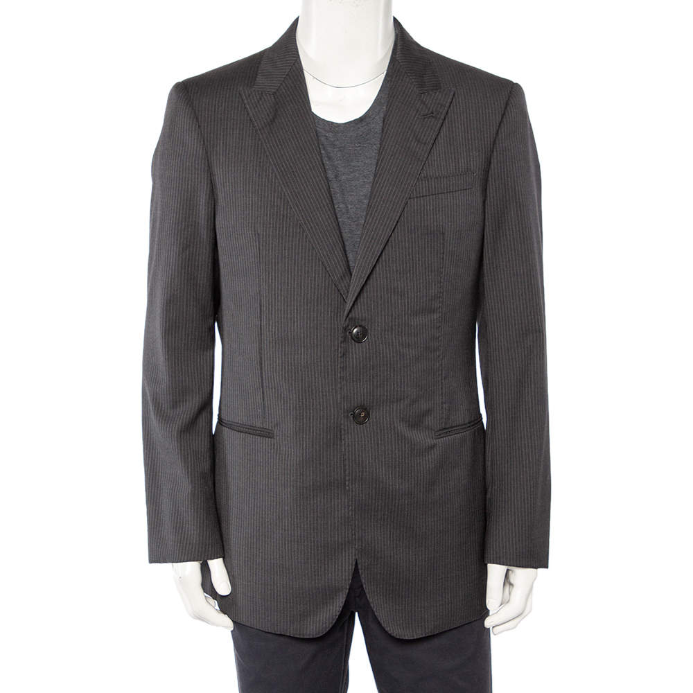 Pre Owned Giorgio Armani Charcoal Grey Striped Wool Button Front Blazer 3XL