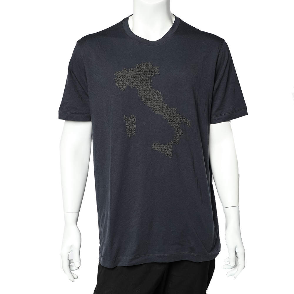 Pre Owned Giorgio Armani Blue Embroidered Cotton Crewneck T-Shirt 3XL