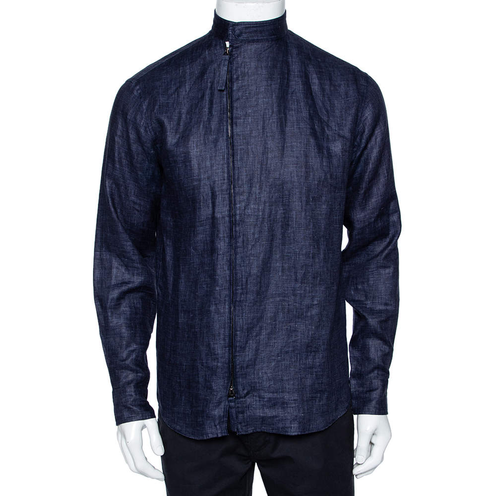 Pre Owned Giorgio Armani Navy Blue Linen Stand Collar Zipper Front Shirt M