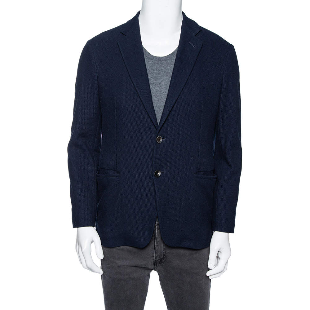 Pre Owned Giorgio Armani Navy Blue Waffle Knit Single Breasted Blazer L