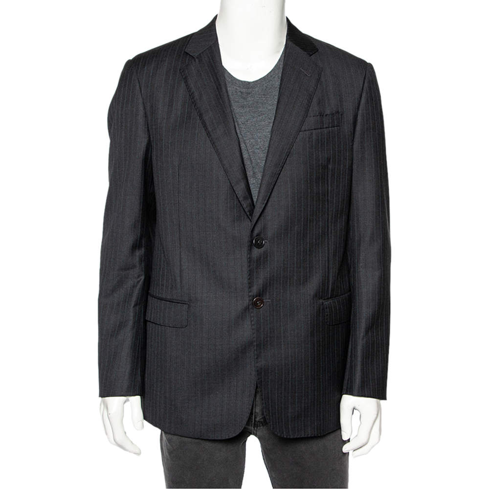 Pre Owned Giorgio Armani Charcoal Grey Striped Wool Single Breasted Soft Fit Blazer XL