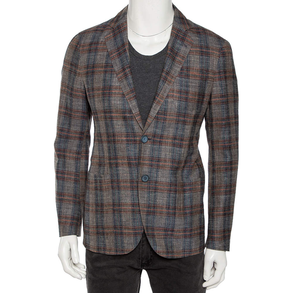 Pre Owned Giorgio Armani Grey Checkered Wool & Silk Single Breasted Blazer L