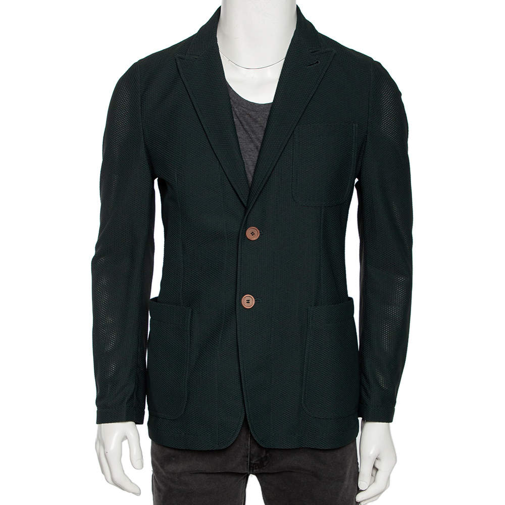 Pre Owned Giorgio Armani Green Textured Stretch Knit Single Breasted Blazer L