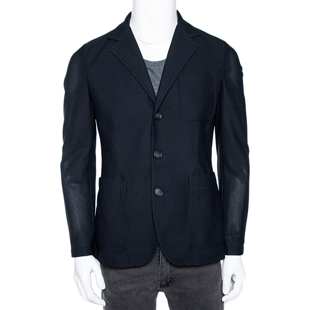 Pre Owned Giorgio Armani Black Textured Stretch Knit Single Breasted Blazer L