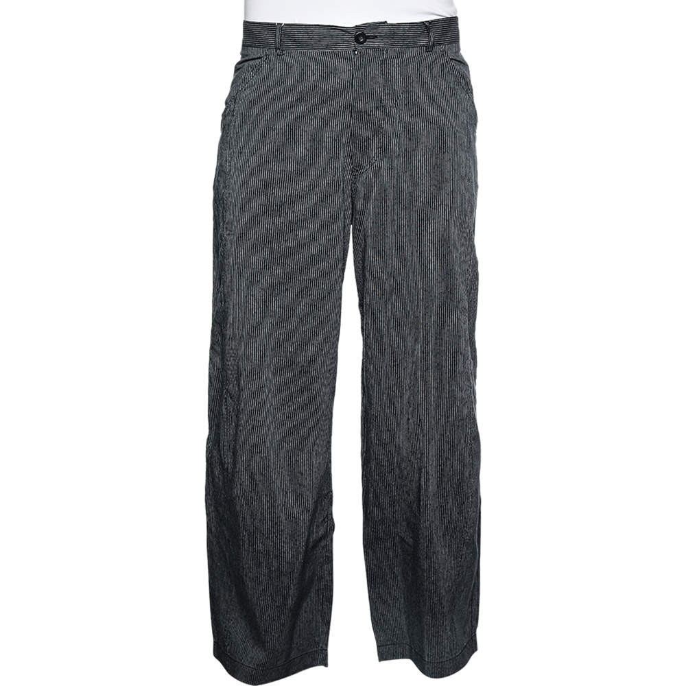 Pre Owned Giorgio Armani Navy Blue Striped Linen Wide Leg Pants L