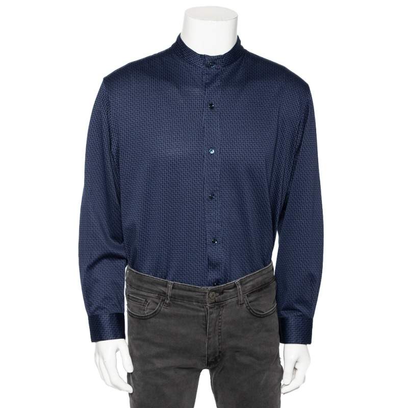 Giorgio Armani Navy Blue Printed Stretch Cotton Button Front Shirt